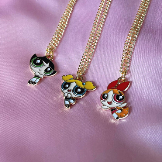 Gold Power Puff Girls Necklace Bubbles Buttercup Blossom