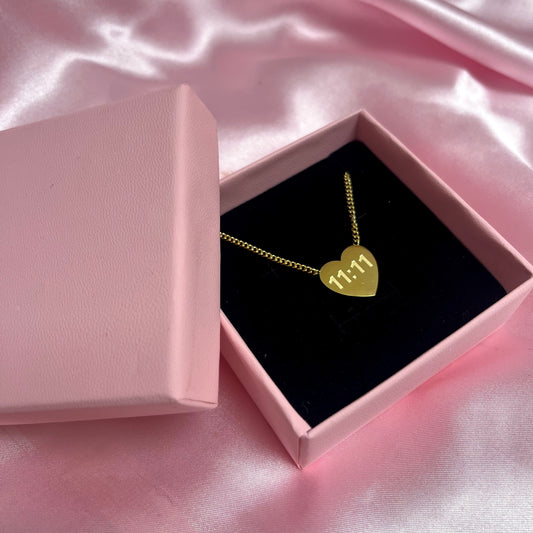 Gold 11:11 engraved heart pendant Angel number adjustable necklace
