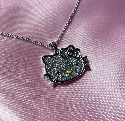 Silver Diamante Kawaii Kitty Pendant Necklace