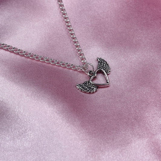 Sterling Silver Plated Winged Heart Charm Necklace
