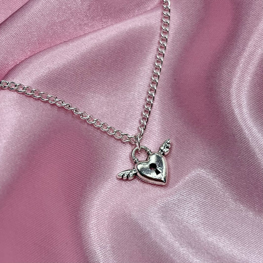 Sterling Silver Plated winged heart padlock Necklace