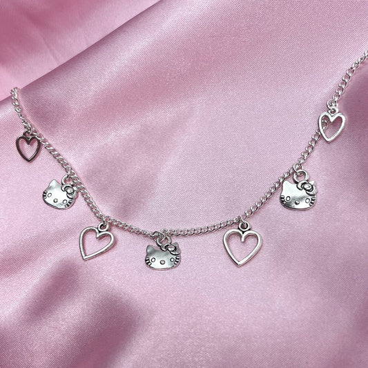 Sterling Silver Plated Kawaii Kitty Heart Charm Necklace