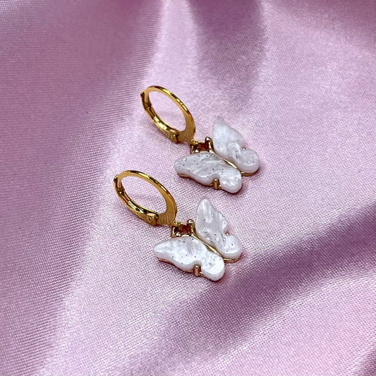 Gold White glitter Butterfly Huggie Hoop Earrings