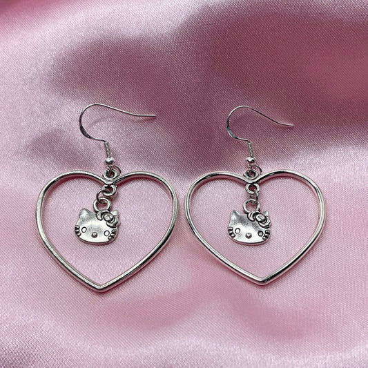 925 Sterling silver Kawaii Kitty in Heart Earrings